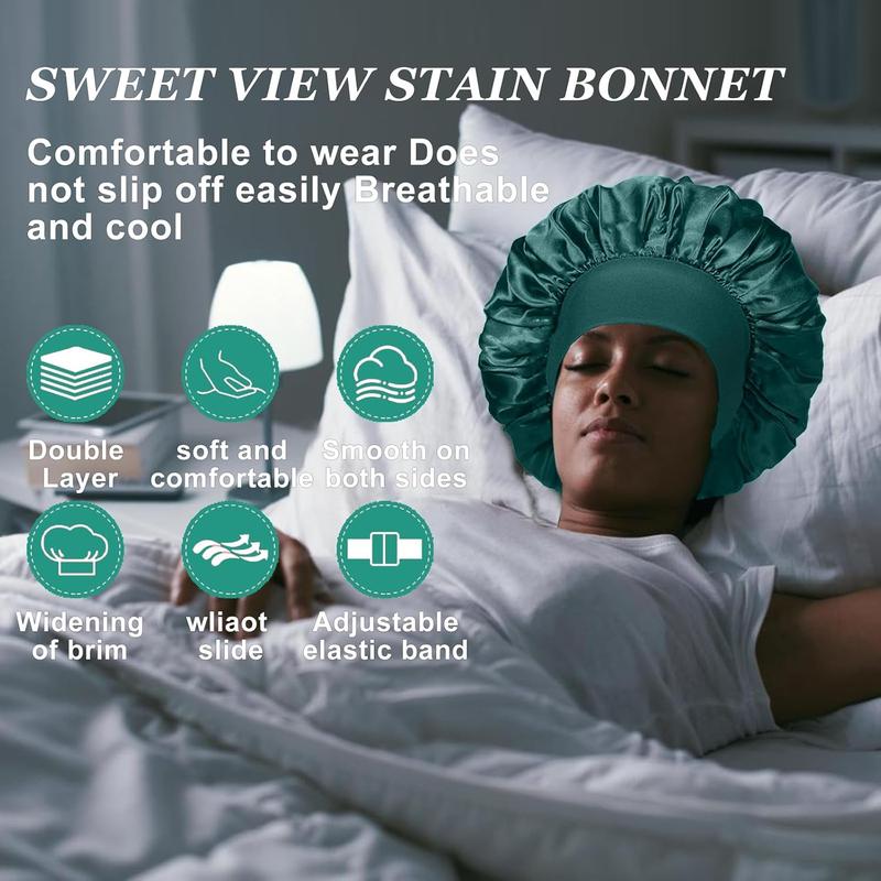 4PCS Silk Bonnet for Sleeping,Hair Satin Bonnets for Women Men,Hair Wrap Cap for Curly Hair,Elastic Wide Band Hair Bonnet Shower Cap for Sleeping (Black & Peacock Blue & Pink & Khaki)