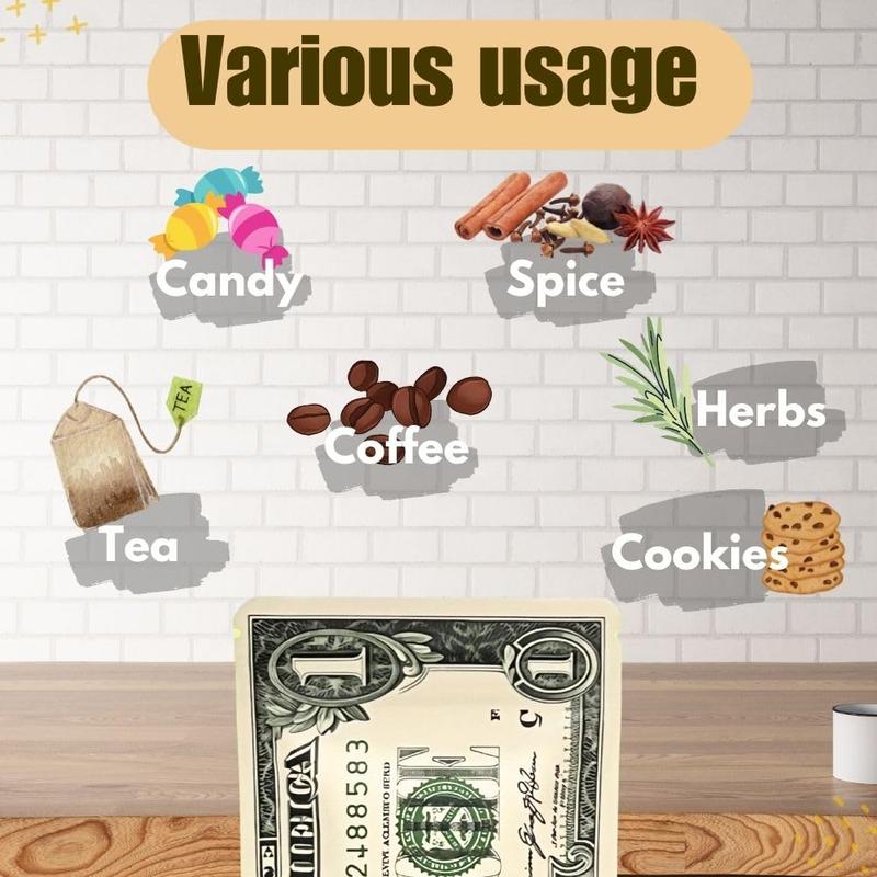 Smell Proof Food Storage Bags, 100pcs Resealable Banknote Design Snack Candy Bags, Kitchen Storage & Organization Supplies for Home