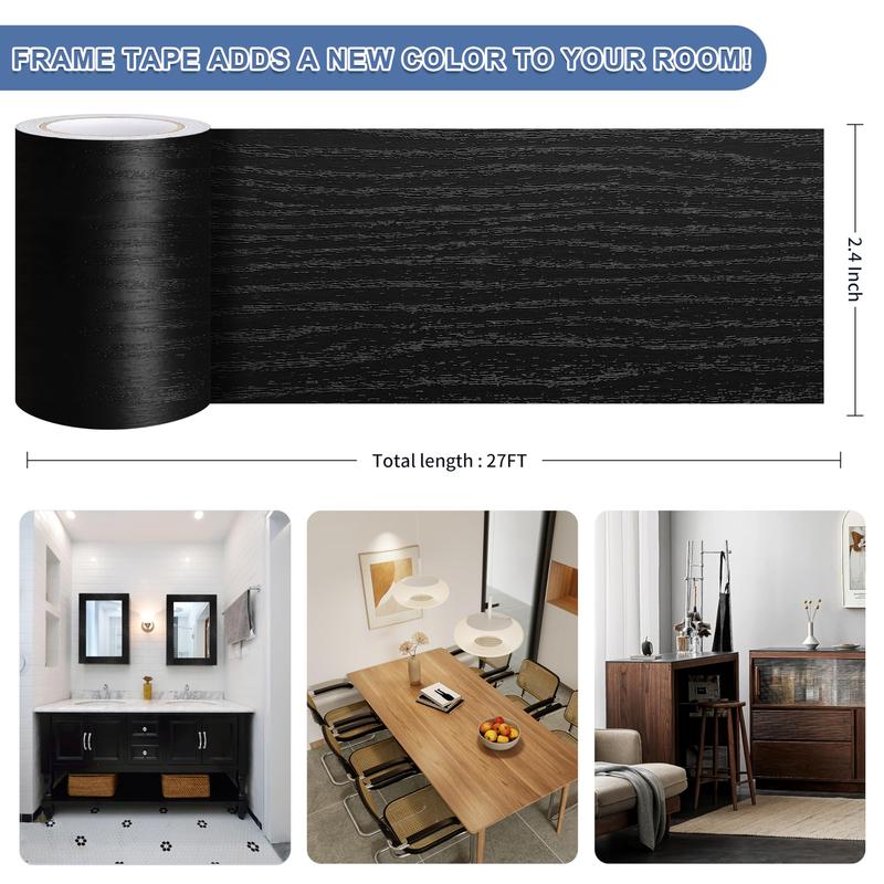 27 FT Wood Grain Wallpaper Border, Removable Waterproof Mirror Border Peel and Stick,Bathroom Mirror Frame Border.（Black）