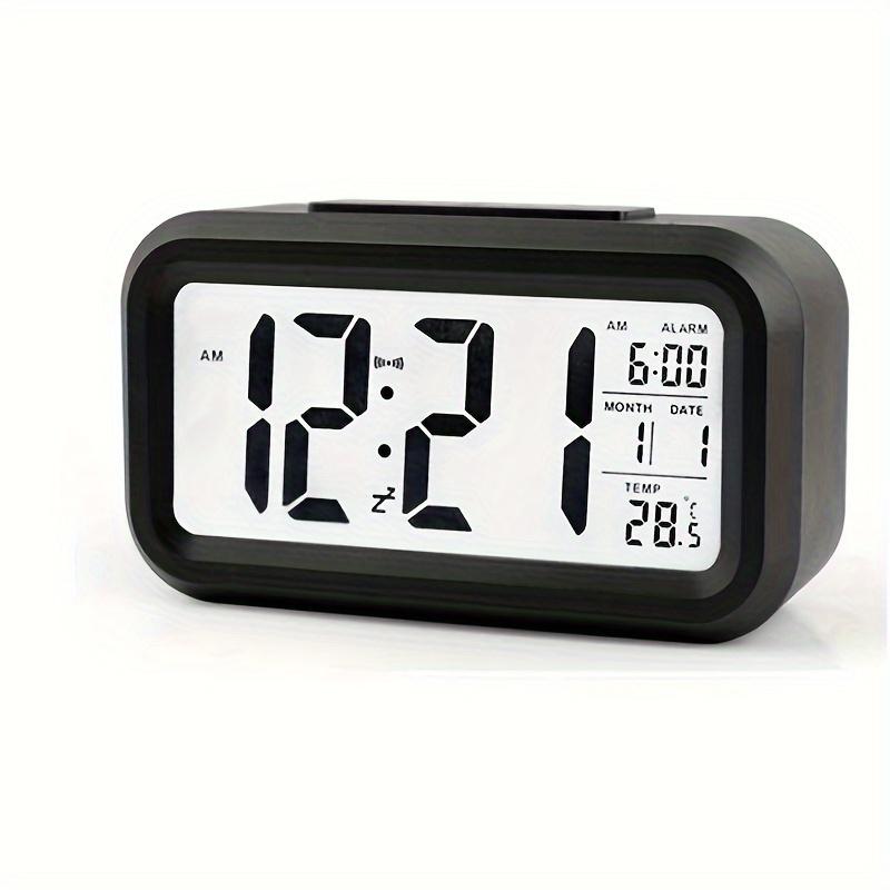 Upgraded Digital Alarm Clock, LED Display with Temperature Larger Lound Light Control Portable Calendar Brightness with Battery Powered Alarm Clocks Bedside for Everyone