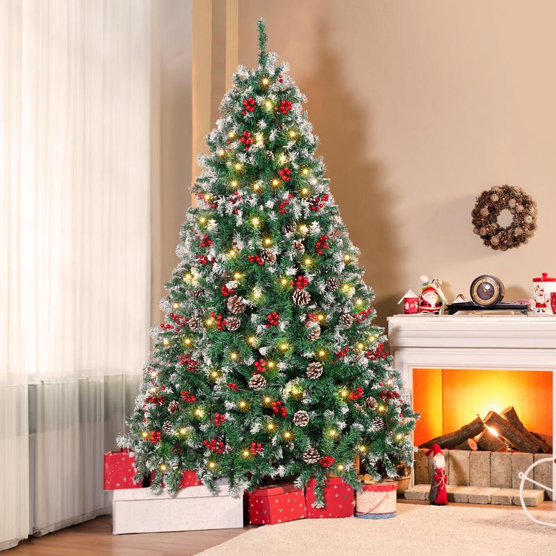 6FT Christmas Tree, Pre-Decorated Artificial Xmas Tree with 250 Warm White Lights, Pine Cones& Berries, 800 Flocked Frosted Tips for Christmas Decor