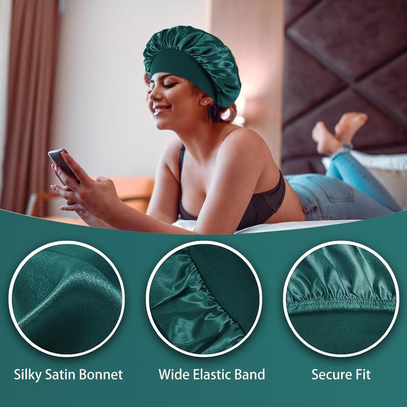 4PCS Silk Bonnet for Sleeping,Hair Satin Bonnets for Women Men,Hair Wrap Cap for Curly Hair,Elastic Wide Band Hair Bonnet Shower Cap for Sleeping (Black & Peacock Blue & Pink & Khaki)