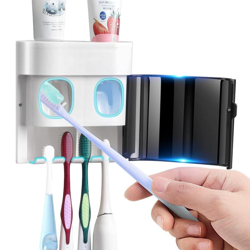 Toothbrush Holder Toothpaste Dispenser Wall Mounted Cover Electric Tooth Brush Stand Set with 2 Toothpaste Squeezers for Shower Bathroom Kids Black (No Electric, No Light) japanese  nylon