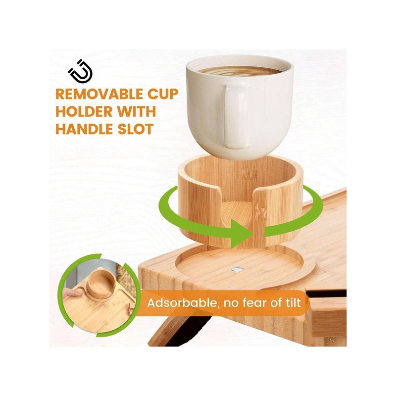 GUOHAI Bamboo Sofa Armrest Caddy With 360° Rotating Phone Stand & Cup Holder, Folding Couch Arm Table Tray For Snacks, Drinks, And Remote Control Access