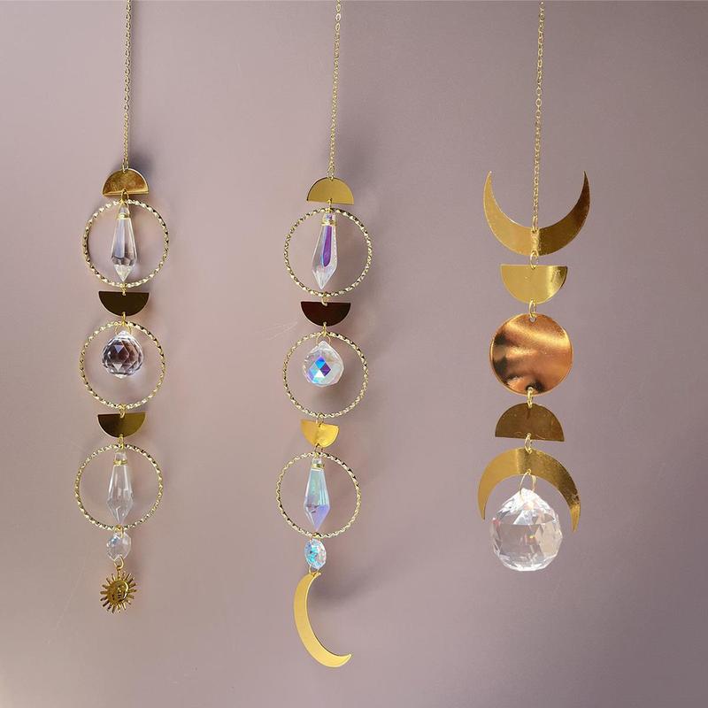 Artificial Crystal Hanging Suncatcher, 1 Count Moon & Sun & Round Shaped Bohemian Hanging Decor for Home Living Room Bedroom, Home Decor Supplies