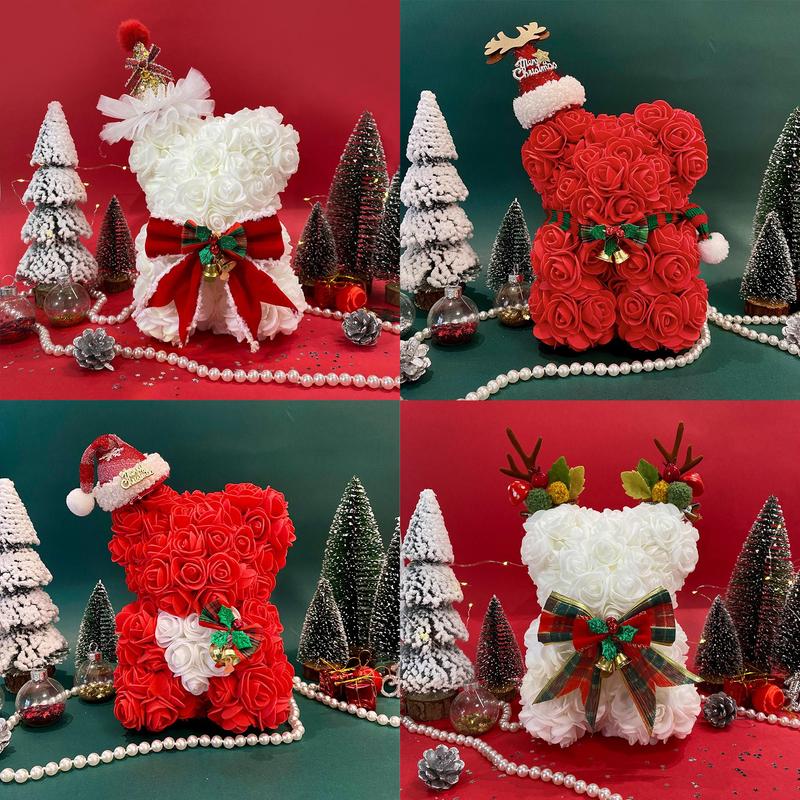 Christmas Themed Bear with Bowknot & Hat Decor, 1 Count Cute Simulated Rose Bear Ornaments, Romantic Gift for Women & Girls, Party Decoration Supplies