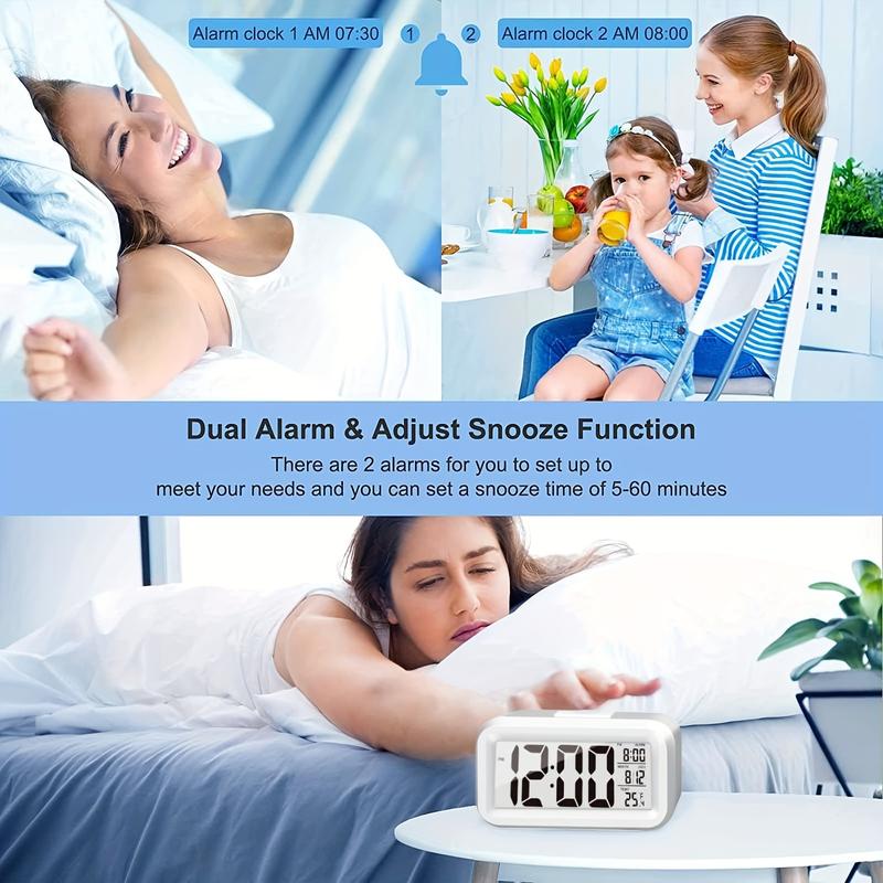 Upgraded Digital Alarm Clock, LED Display with Temperature Larger Lound Light Control Portable Calendar Brightness with Battery Powered Alarm Clocks Bedside for Everyone