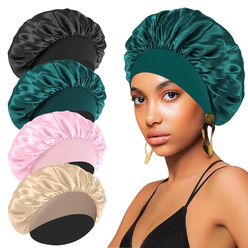 4PCS Silk Bonnet for Sleeping,Hair Satin Bonnets for Women Men,Hair Wrap Cap for Curly Hair,Elastic Wide Band Hair Bonnet Shower Cap for Sleeping (Black & Peacock Blue & Pink & Khaki)