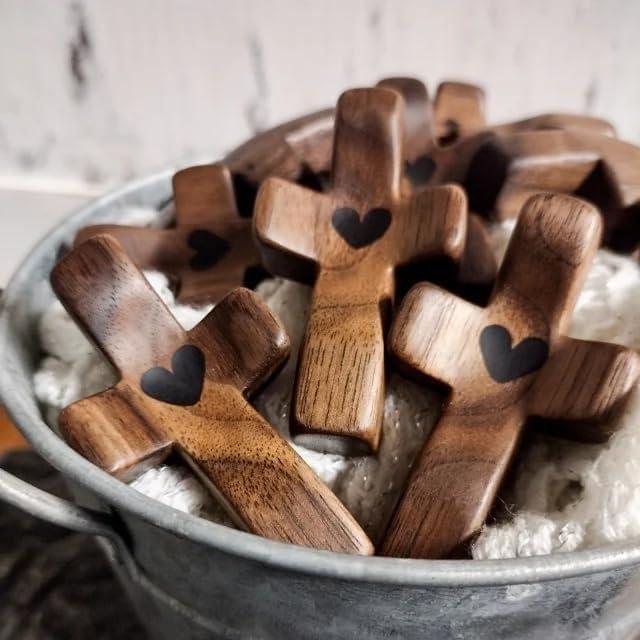 Cross My Heart, Encouragement Gift Wooden Cross for Christians, Fingertip Stress Relief Religious Gifts for Praying, Small Pocket Cross in Bulk with Bag, Walnut Wooden Crosses, 10pcs