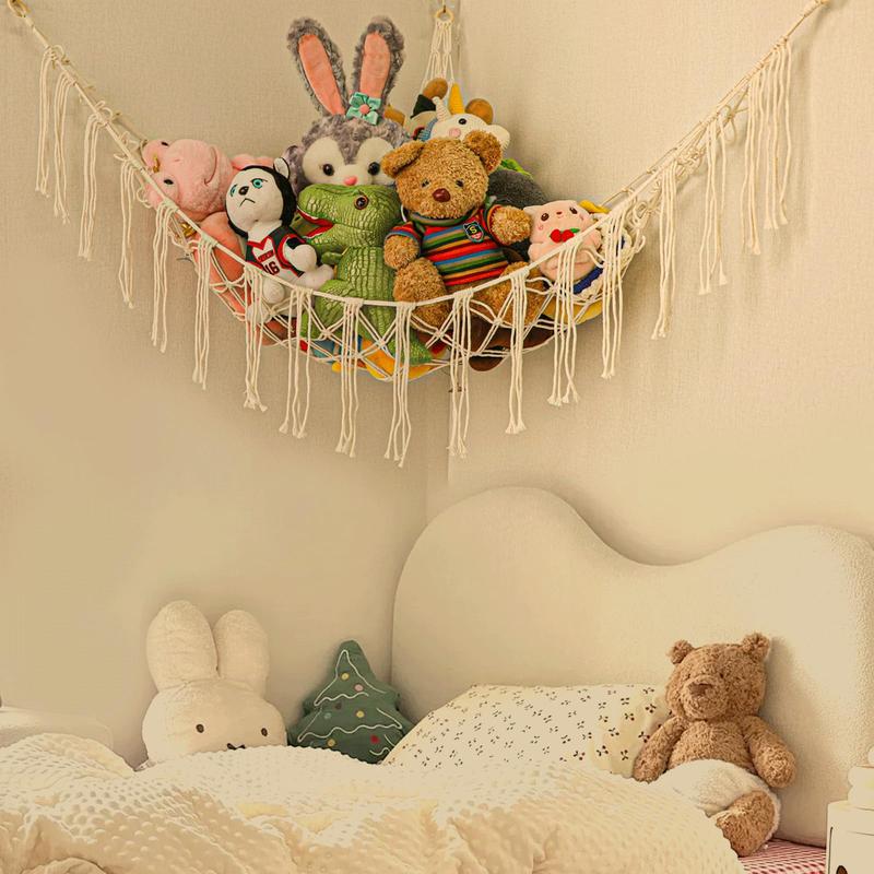 Boho Stuffed Animals Net, 55 Inch Toy Hammock Macrame Plush Toy Organizer with Hooks for Bedroom and Nursery