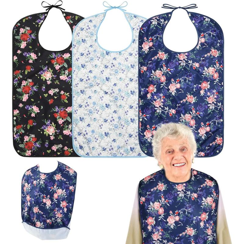 3 washable clothes protection covers with breadcrumb catcher, reusable waterproof large-sized bib (suitable for elderly women), blue white black