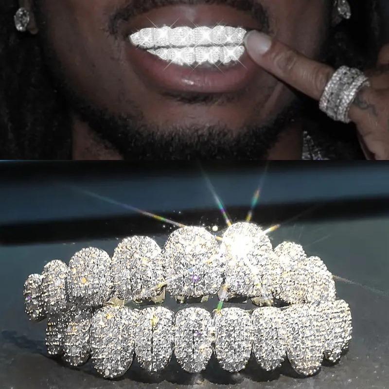 2Pcs  Set Blingbling Halloween Hip Hop Cubic Zirconia Teeth Grills 20 Teeth Top Bottom Grills Dental Mouth Punk Tooth Caps Cosplay Rapper Jewelry For Men Women Teenager