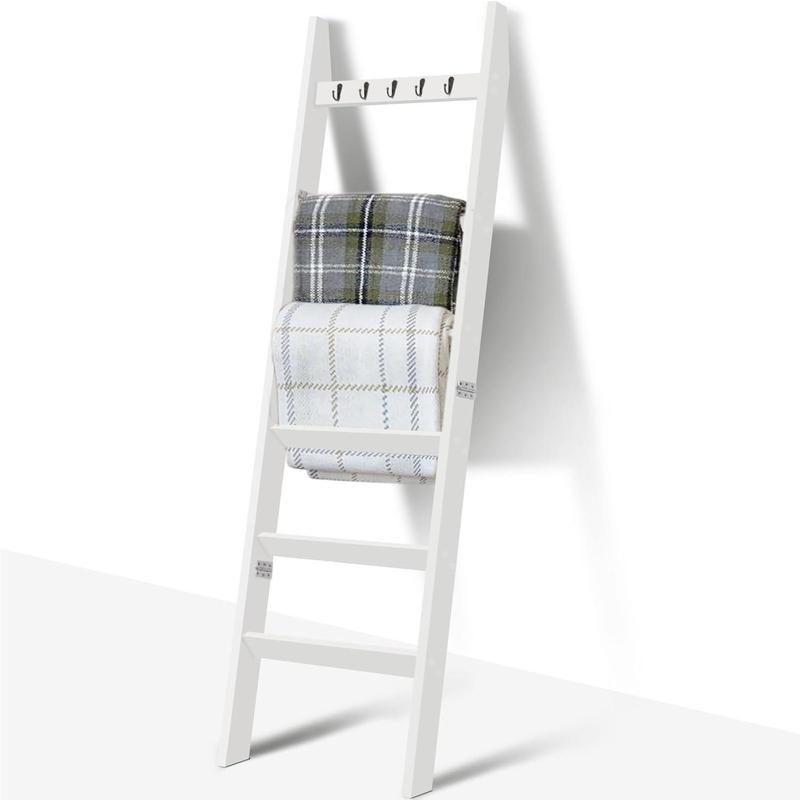 6-Tier Blanket Ladder with Hooks, 5.4 Ft Wall Leaning Blanket Ladders for Living Room, Rustic Decorative Ladder for Blankets, Quilts, Farmhouse Decor Ladder Shelf, Easy to Assemble, White