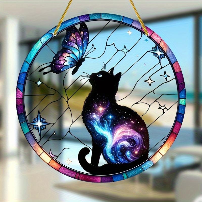 Cat & Butterfly Pattern Sun Catcher, 1 Count Colorful Stained Glass Hanging Decor, Decorative Window Hanging for Porch, Patio, Garden, Office