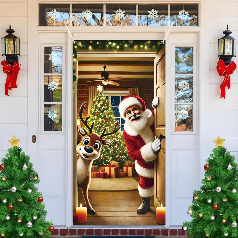 Christmas Themed Door Banner, 1 Count Santa Claus & Reindeer Pattern Door Hanging Banner, Festive & Party Supplies for Home Living Room Bedroom