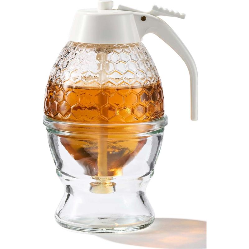 Glass Honey Dispenser Jar - Premium No Drip Design, Elegant Honeycomb Shape with White Lid - Durable Glass & ABS for Honey and Syrup