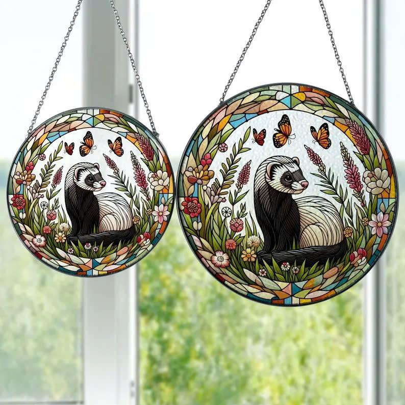 Ferret & Butterfly Stained GLASS Sun catcher, Ferret Sun Catcher Ornament, Ferret lovers gift, Animal lover, Nature artwork, Cute Ferret