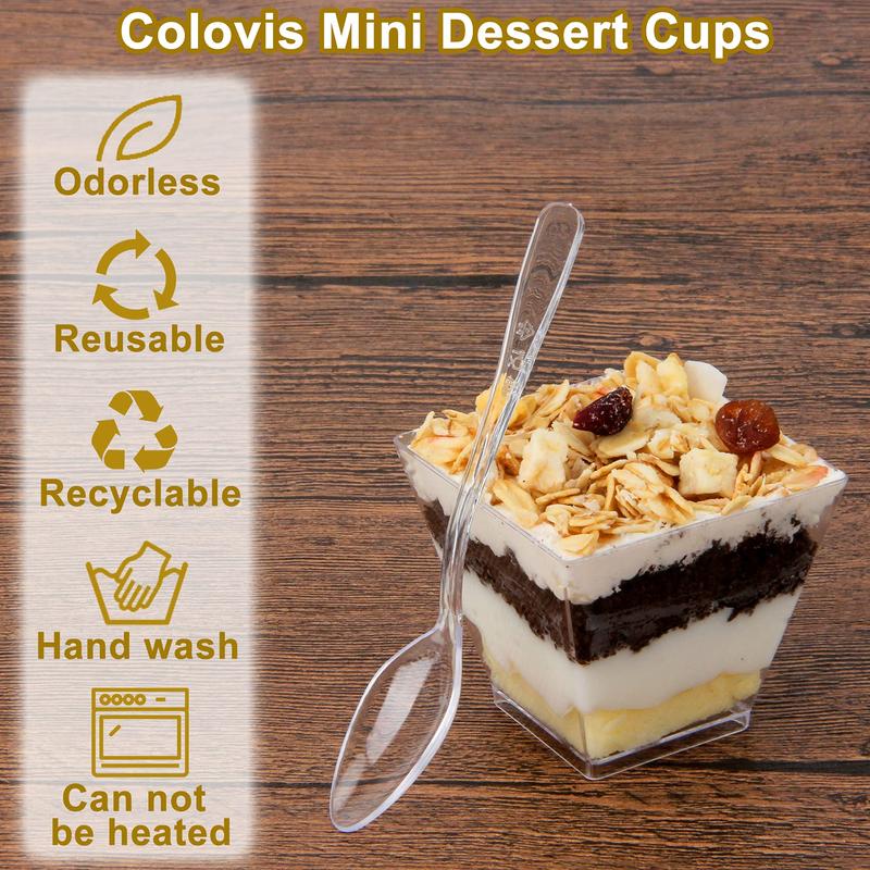 Mini Dessert Cups, 100 CT 2oz Clear Plastic Parfait Appetizer Cups with Spoons Mini Square Dessert Bowls for Serving, Tasting