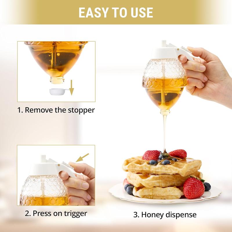 Glass Honey Dispenser Jar - Premium No Drip Design, Elegant Honeycomb Shape with White Lid - Durable Glass & ABS for Honey and Syrup