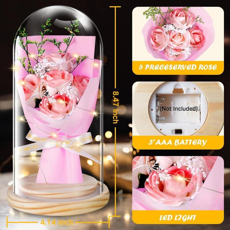 Preserved Flowers  Gifts for Her,  Bouquet in Glass Dome with LED Light, Rose  Gifts for Mother's Day, Birthday Gifts for Mom Wife Girlfriend