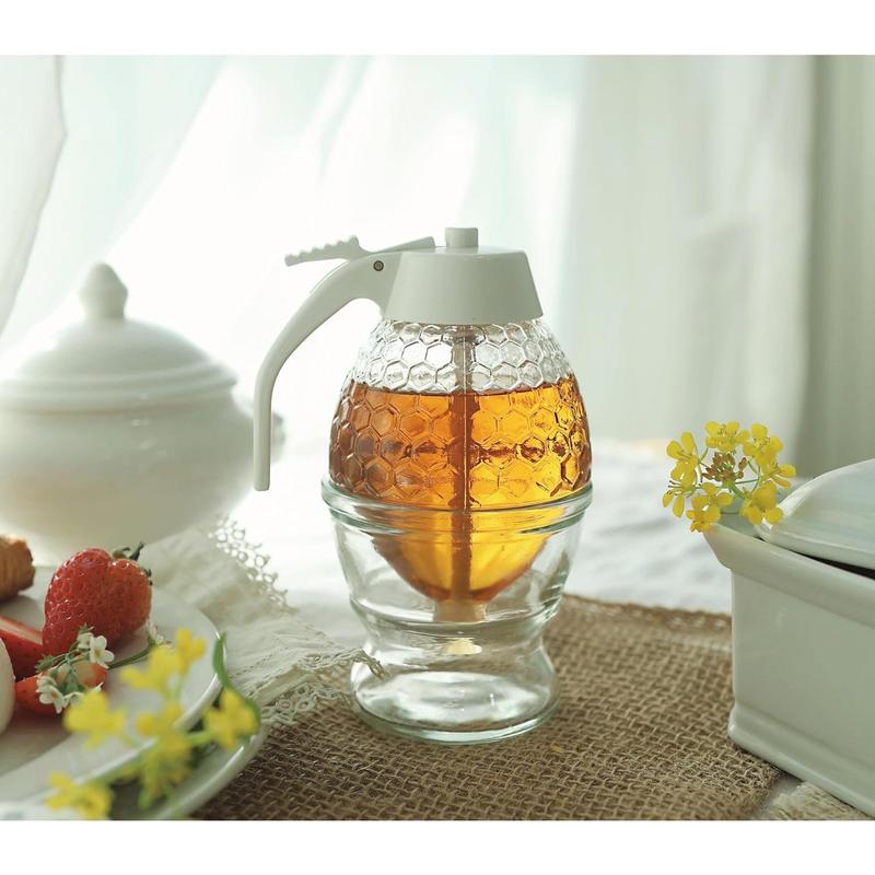 Glass Honey Dispenser Jar - Premium No Drip Design, Elegant Honeycomb Shape with White Lid - Durable Glass & ABS for Honey and Syrup