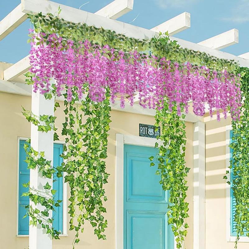 6 Pieces Wisteria Hanging Flowers 3.6ft Artificial Vines Fake Garland Silk Flower String for Wedding Party Garden Outdoor Greenery Home Wall Decoration