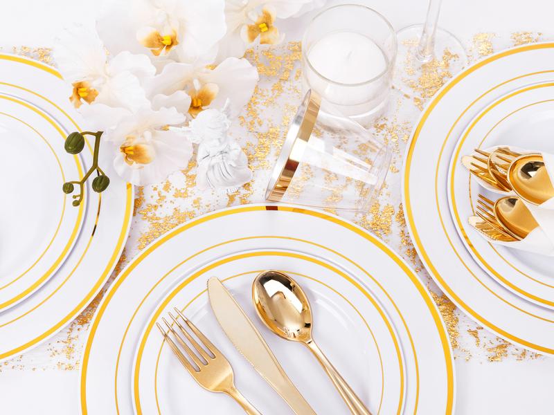 350 Pcs Disposable Plates for Christmas ,Wedding, party Include: 50 Dinner Plates 10.25”, 50 Dessert Plates 7.5”, 50 Gold Rim Cups ,50 Cutlery