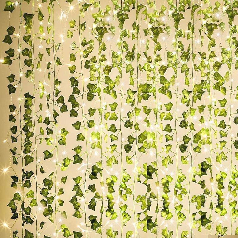 84Ft 12 Pack Artificial Ivy Garland Fake Plants, Vine Hanging Garland with 80 LED String Light, Hanging for Home Kitchen Garden Office Wedding Wall Decor, Green Decorative Fruit