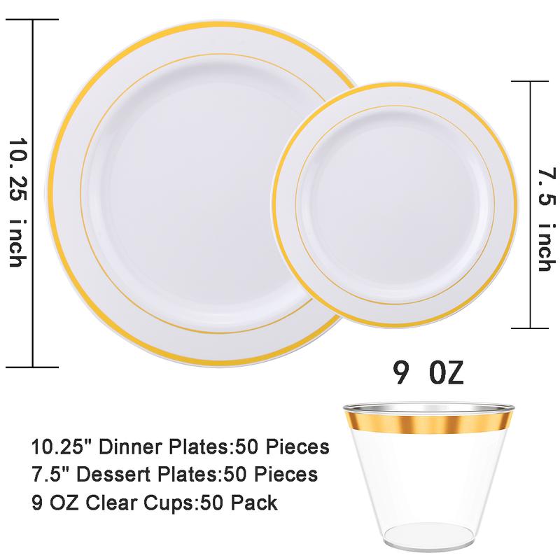 350 Pcs Disposable Plates for Christmas ,Wedding, party Include: 50 Dinner Plates 10.25”, 50 Dessert Plates 7.5”, 50 Gold Rim Cups ,50 Cutlery