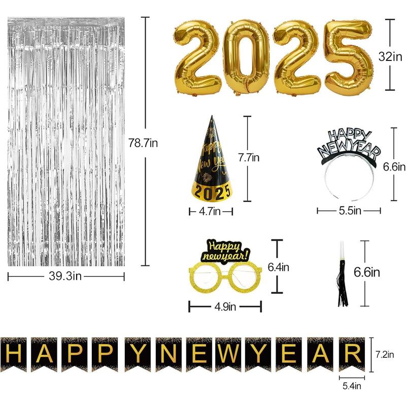 New Years Eve Party Supplies 2025 - Happy New Year Decorations Kit - Includes Banner, Hats, Glasses, Tiaras, Balloons, Squawkers and Fringe Curtains - Accessories for Adults Kids Party Decor