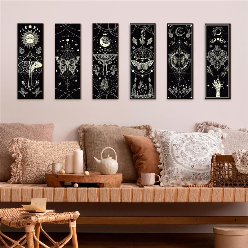 6 Pieces Boho Wall Decorations Sun and Moon Wood Signs Farmhouse Rustic Wall Pediments with Hanging Living Room Ornaments Hangable Ornaments Hangable