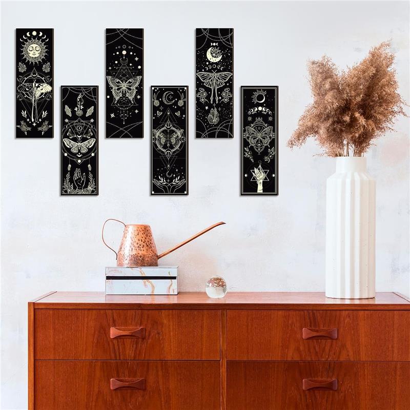 6 Pieces Boho Wall Decorations Sun and Moon Wood Signs Farmhouse Rustic Wall Pediments with Hanging Living Room Ornaments Hangable Ornaments Hangable