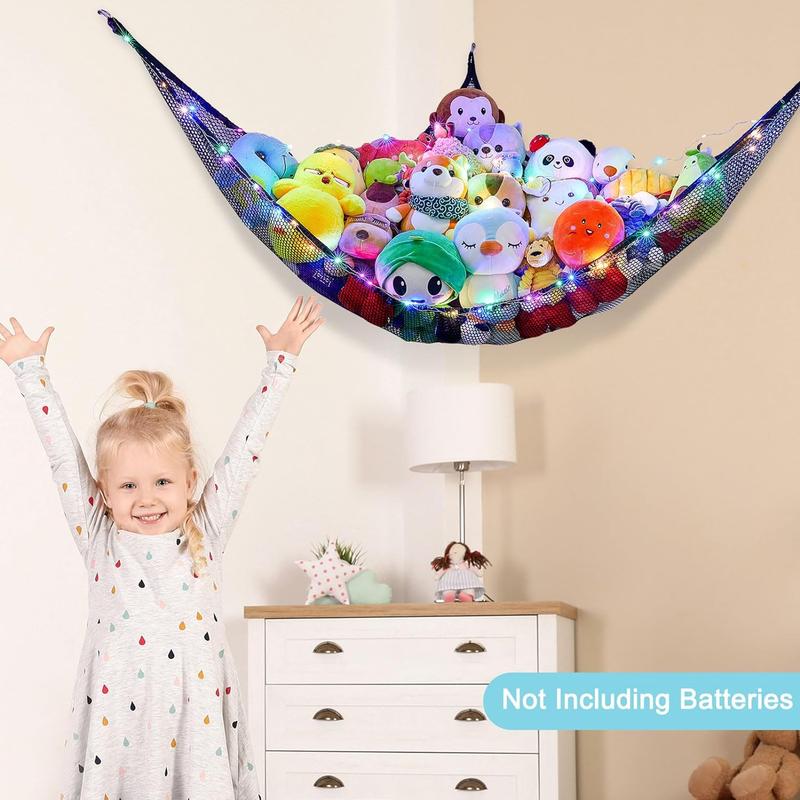 Stuffed Animals Net or Hammock Toy Storage Organizer with LED Light Unicorn Castle Hanging Corner Stuffed Animals Holder Girls Room Decor