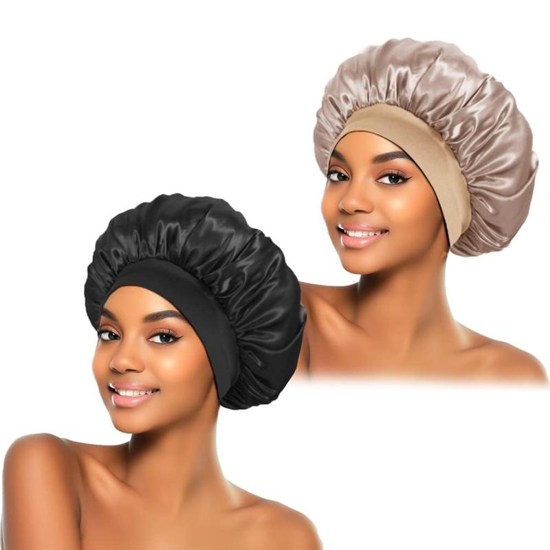 2Pcs Silk Bonnet for Sleeping, Satin Hair Bonnets, Soft Elastic Band Silk Sleep Cap, Silk Hair Wrap for Curly Hair (Black Gold) Shower