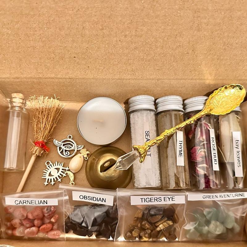 Beginner's Spell Kit with Herbs, Salts, Crystals, Bell, Mini Broom, Charms, Spoon and Tea Light Candle