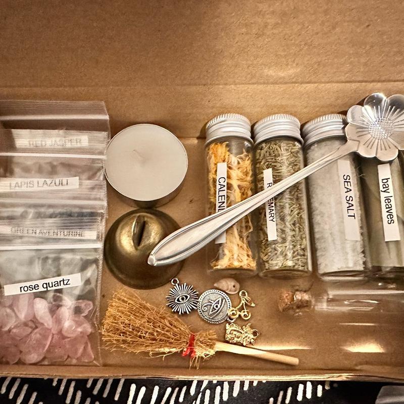 Beginner's Spell Kit with Herbs, Salts, Crystals, Bell, Mini Broom, Charms, Spoon and Tea Light Candle