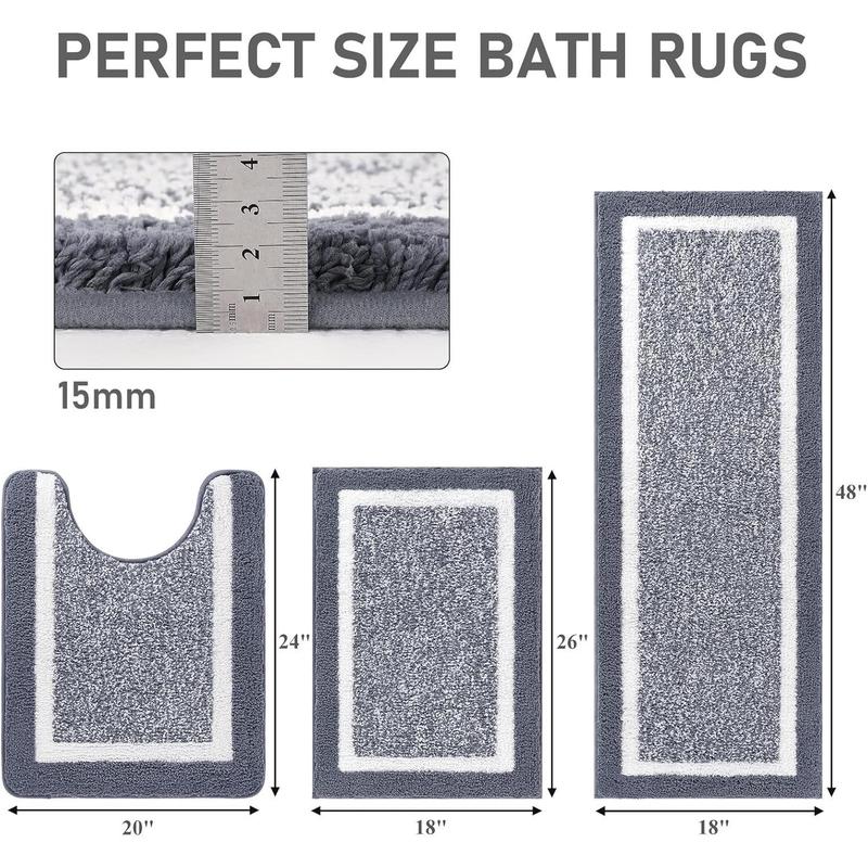 Bathroom Rug Mat Set 3 Piece, Microfiber Shaggy Bath Set, Non-Slip Ultra Soft Carpet Mats, Absorbent with U-Shaped Toilet for Bathroom, Tub, Shower, Dark Grey