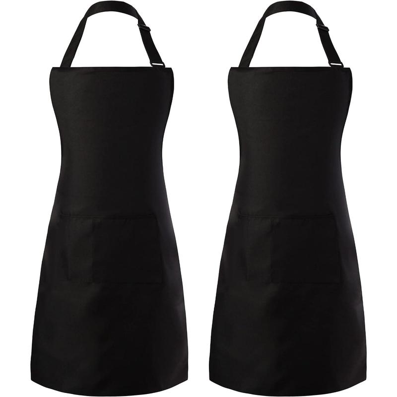 2 Pack Adjustable Bib Apron, Waterdrop Resistant Aprons with 2 Pockets Cooking Kitchen Restaurant Aprons for Women Men Chef, BBQ Drawing Crafting Outdoors (Polyester-Black, 2)