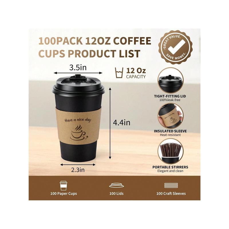 Crafted Living  100 Pack 12oz 16 Oz Coffee Cups With Lids, Paper Coffee Cups For Hot & Cold Drinks, To Go Coffee Cups With Lids For Coffee, Tea, Chocolate, Juice, Insulated Paper Coffee Cups School Supplies