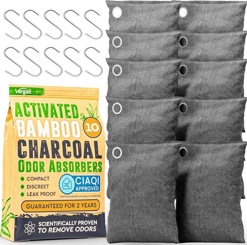 Nature Fresh Bamboo Charcoal Odor Absorber 10-Pack, 3.5oz with Hooks, Air Purifying Bags for Home and Closet