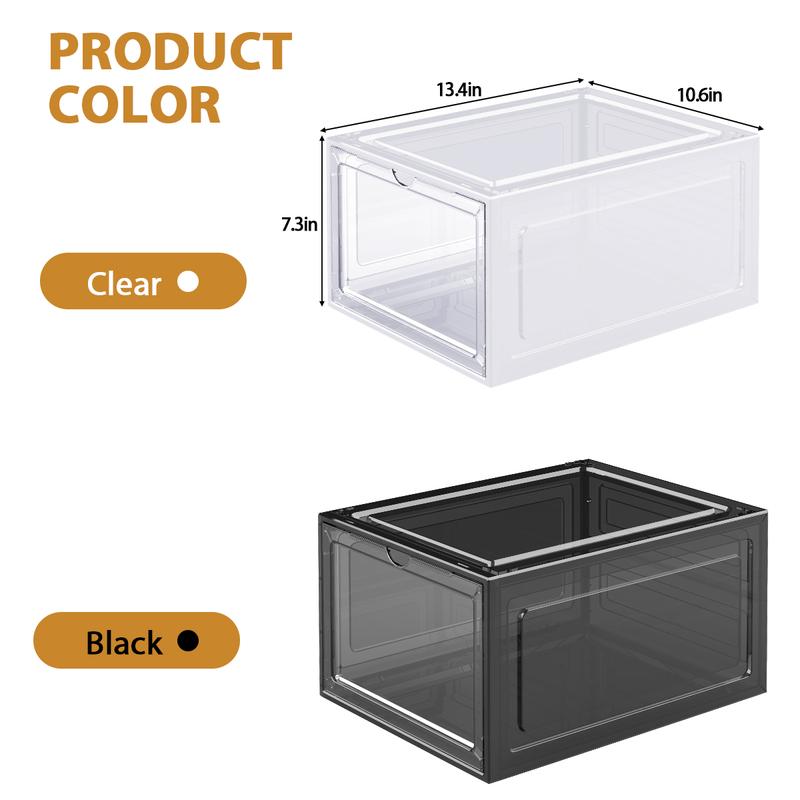 Anyask Drop Front Plastic Shoe Box with Clear Door Set of 2 Stackable For Display Sneakers Easy Assembly Fit up to US Size 12(13.4”x 10.6”x 7.4”)