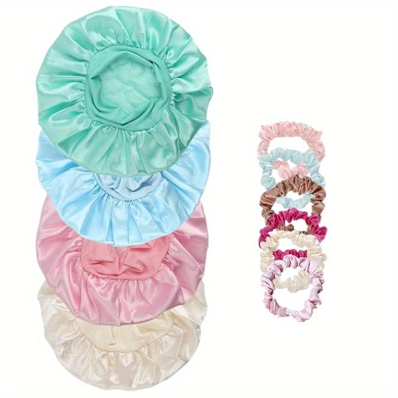 4 Pieces Adjustable Soft Children's Sleep Cap, with 6 Hair Ring, Cartoon Elasticated Shower Caps for Children