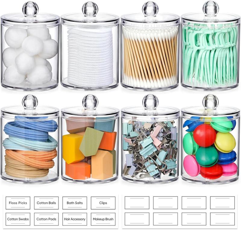 8 Pack  Qtip Holder Dispenser with Lids & Labels, Cotton Ball, Cotton Swab, Cotton Round Pads, Floss Storage Canister - Clear Plastic  Jar for Bathroom Vanity Makeup Organizer