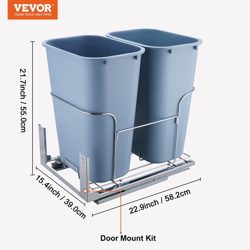 VEVOR Pull-Out Trash Can, 35Lx2 Double Bins, Under Mount Kitchen Waste Container with Slide and Door Mounting Kit, 110 lbs Load Capacity Heavy Duty Garbage Recycling Bin for Kitchen Cabinet, Sink Smooth