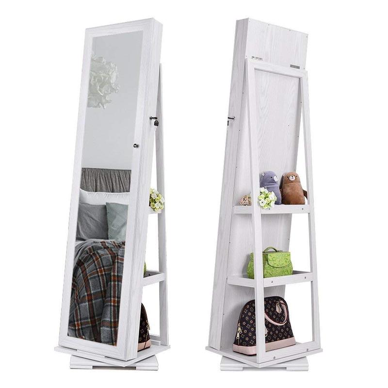 360 Degree Rotatable Jewelry Armoire with Free-Standing Mirror, White Decor Door Decor Door