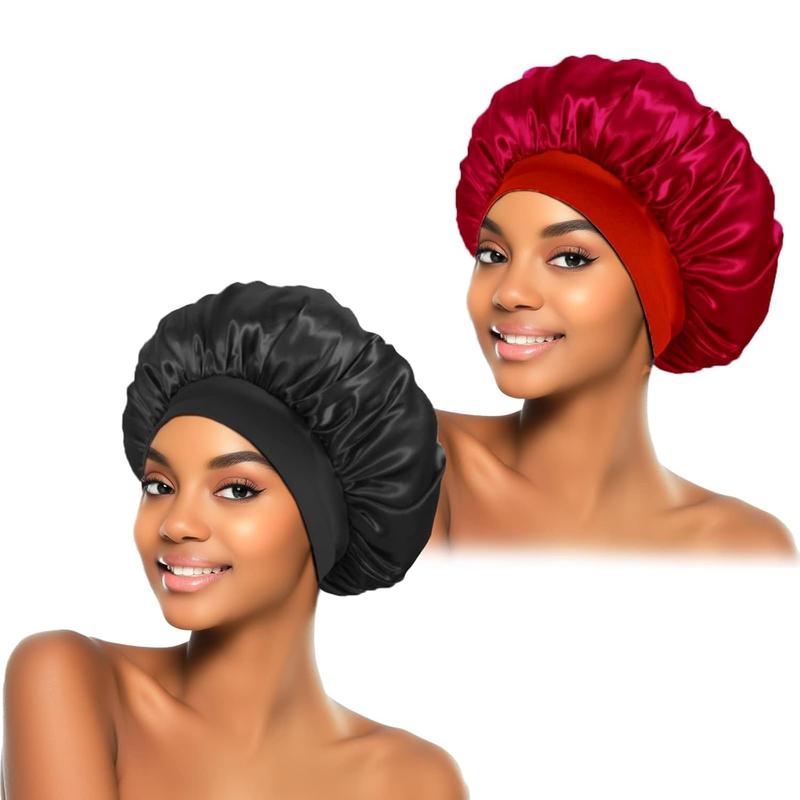 2 count Silk Bonnet for Sleeping, Satin Hair Bonnets, Soft Elastic Band Silk Sleep Cap, Hair Wrap for Women(Black Burgundy)