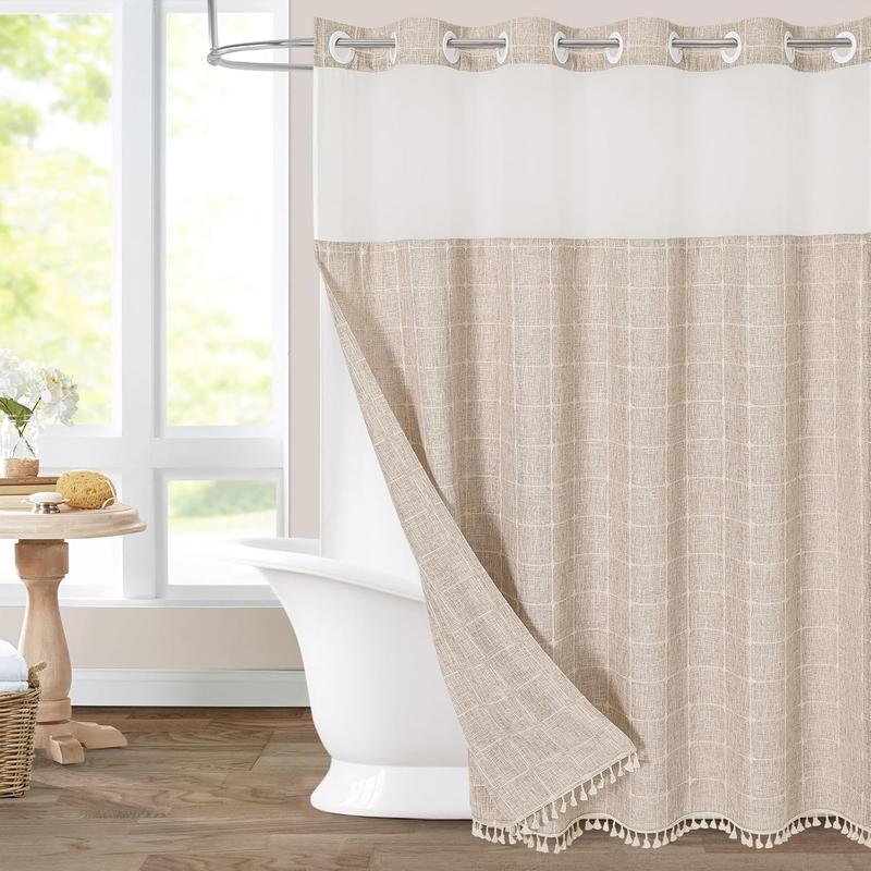 No Hooks Required Farmhouse Shower Curtain with Snap-in Liner - with Window & Magnets, Boho Cotton Linen Fabric Shower Curtains with Tassels for Rustic Bathroom Decor, Tan Taupe, 72 x 74