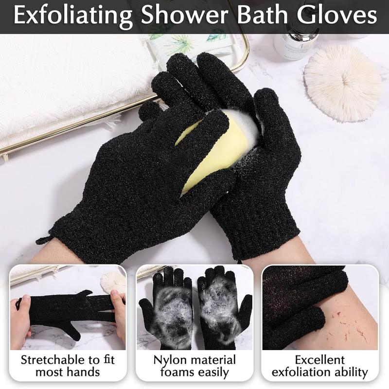 Exfoliating Back Scrubber Bath Gloves Set, Exfoliating Shower Towel with Shower Gloves for Body Scrub, Back Cleaner Wash Gloves to Remove Dead Skin (Black)