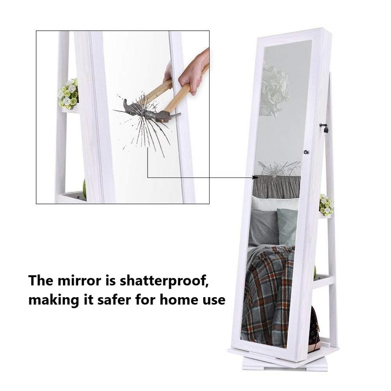 360 Degree Rotatable Jewelry Armoire with Free-Standing Mirror, White Decor Door Decor Door