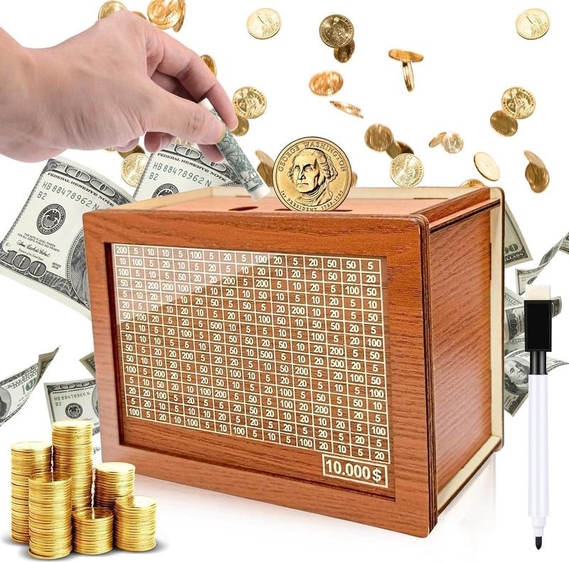 Wooden Money Box Money Bank, Countdown Money Saving Box with 10000 Dollars Target, Money Box with Money Target and Numbers to Check for Boys Girls (10000 USD)   Ornaments Decor Piggy